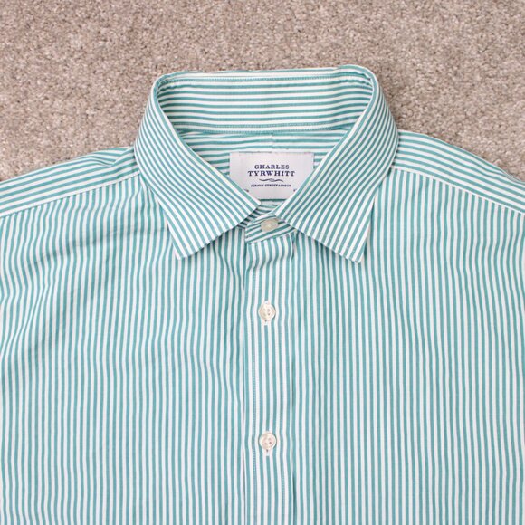 Charles Tyrwhitt Dress Shirt Mens 16 1/2, 34 Green/White Classic Fit L/S Button - Picture 6 of 13